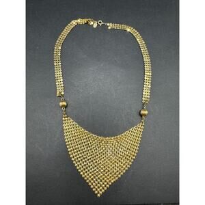 Vintage Citation Gold Tone Mesh Bib Necklace Drop Disco Glam Metal Chain